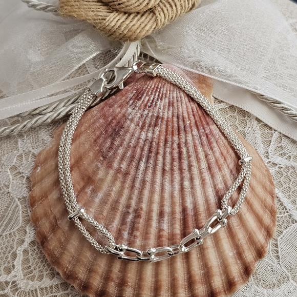 Sterling Stirrup and Popcorn Chain 925 Bracelet - Picture 1 of 15